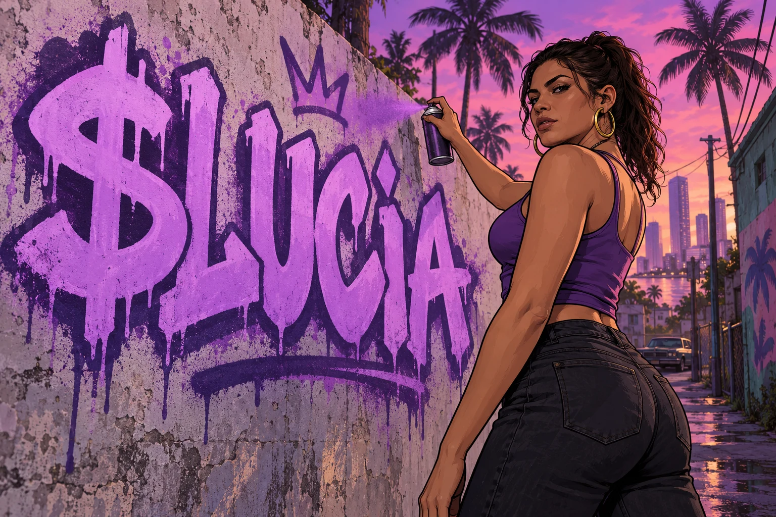 Lucia spray-painting $LUCIA on a purple street wall